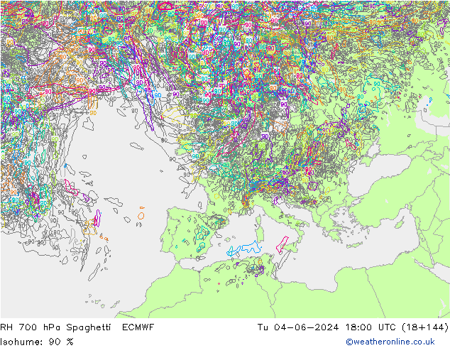 Humedad rel. 700hPa Spaghetti ECMWF mar 04.06.2024 18 UTC