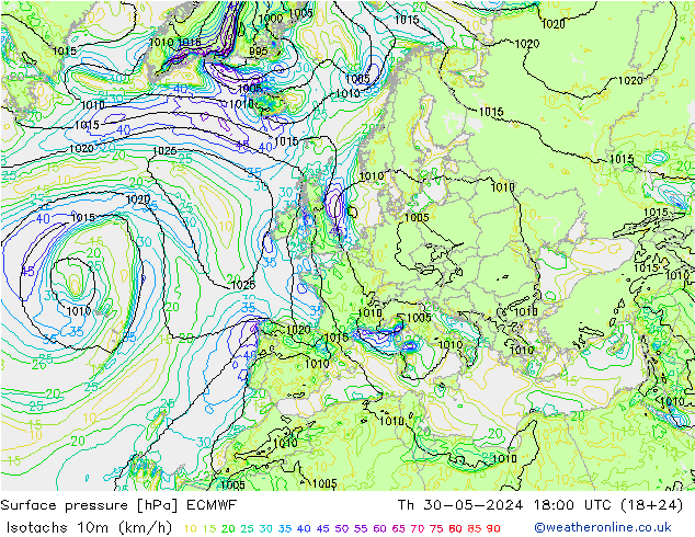 Isotachs (kph) ECMWF Th 30.05.2024 18 UTC