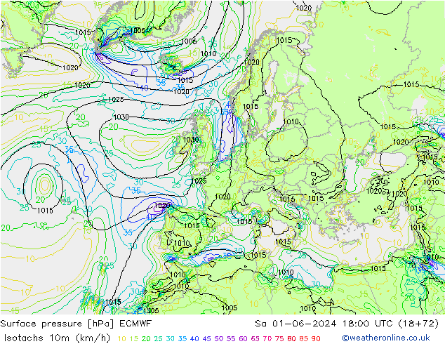 Isotachs (kph) ECMWF So 01.06.2024 18 UTC