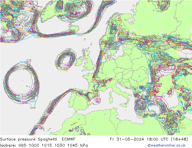 Bodendruck Spaghetti ECMWF Fr 31.05.2024 18 UTC