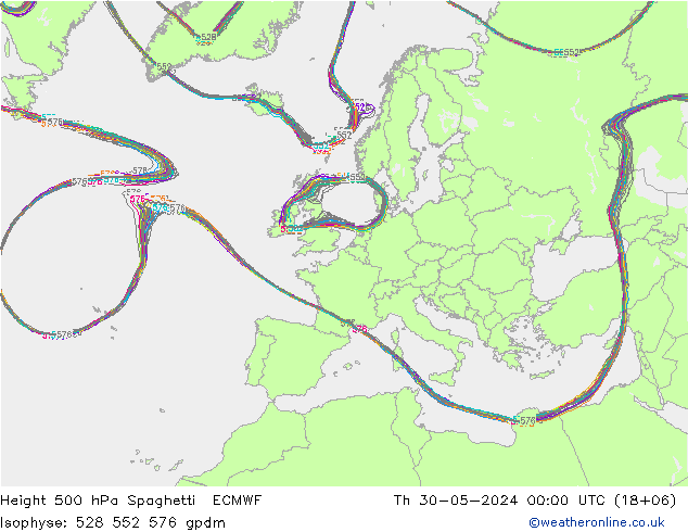 Height 500 hPa Spaghetti ECMWF gio 30.05.2024 00 UTC