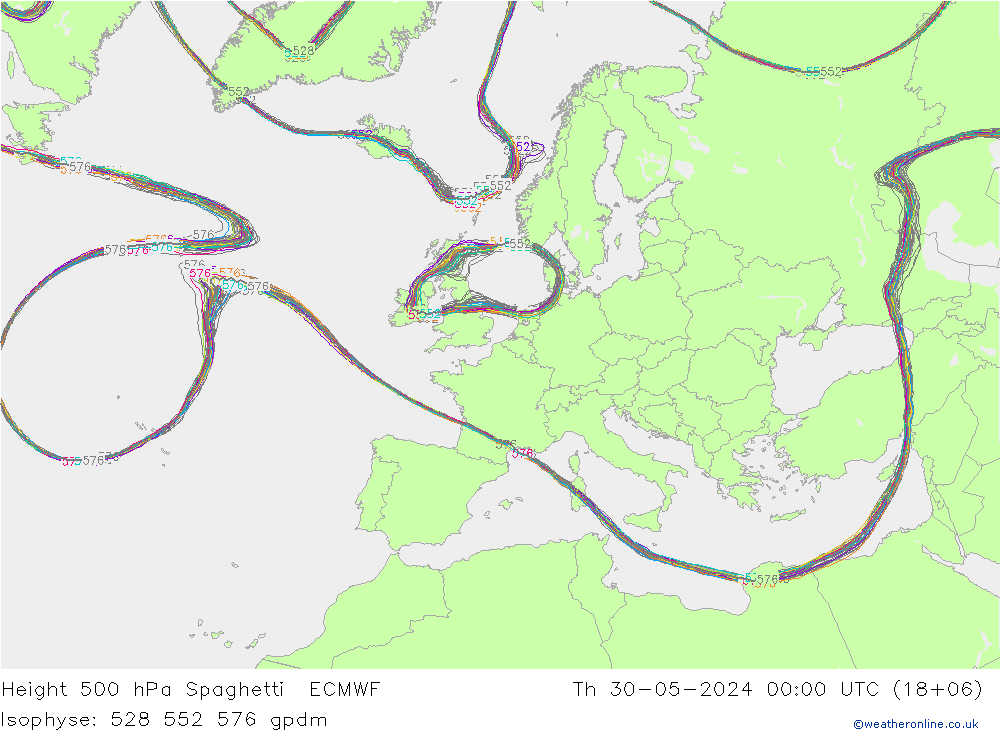 Height 500 hPa Spaghetti ECMWF Th 30.05.2024 00 UTC