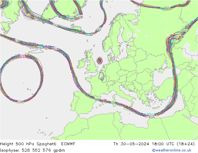 Height 500 hPa Spaghetti ECMWF 星期四 30.05.2024 18 UTC