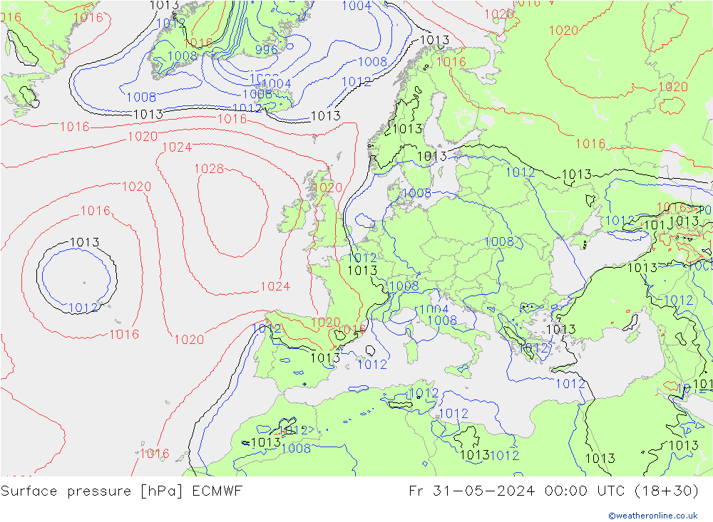 Presión superficial ECMWF vie 31.05.2024 00 UTC