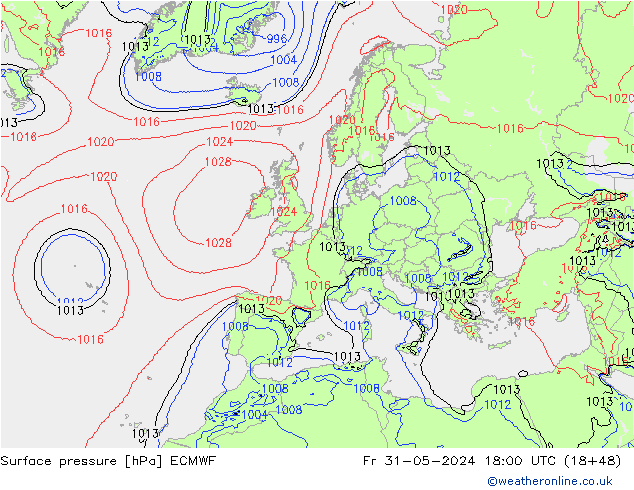 Presión superficial ECMWF vie 31.05.2024 18 UTC