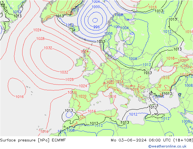 Surface pressure ECMWF Mo 03.06.2024 06 UTC