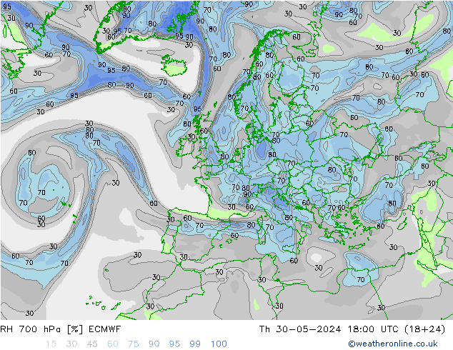 RH 700 гПа ECMWF чт 30.05.2024 18 UTC