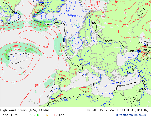 High wind areas ECMWF Čt 30.05.2024 00 UTC