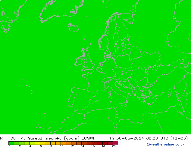 Humidité rel. 700 hPa Spread ECMWF jeu 30.05.2024 00 UTC