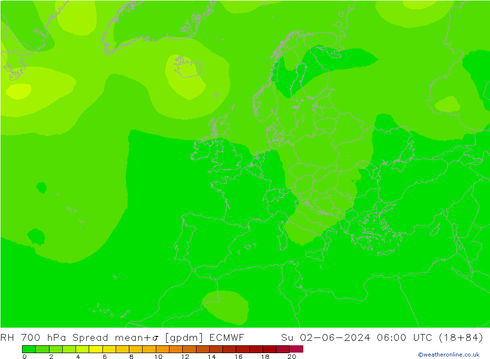 RH 700 hPa Spread ECMWF nie. 02.06.2024 06 UTC