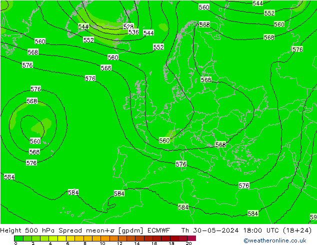 Height 500 hPa Spread ECMWF Qui 30.05.2024 18 UTC