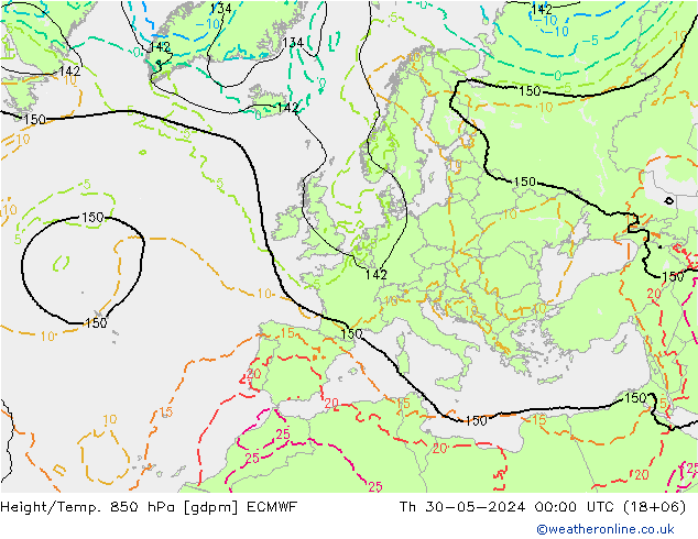 Geop./Temp. 850 hPa ECMWF jue 30.05.2024 00 UTC