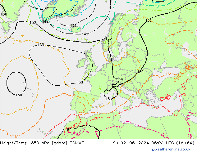 Height/Temp. 850 hPa ECMWF So 02.06.2024 06 UTC