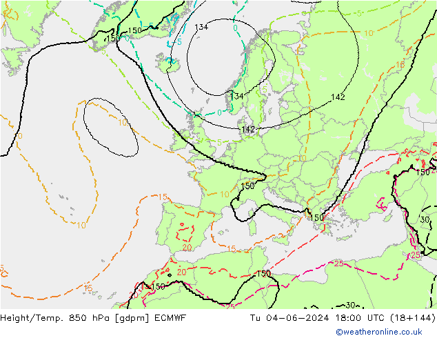 Hoogte/Temp. 850 hPa ECMWF di 04.06.2024 18 UTC