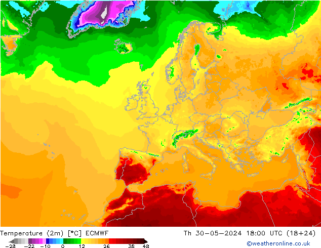 Temperature (2m) ECMWF Th 30.05.2024 18 UTC