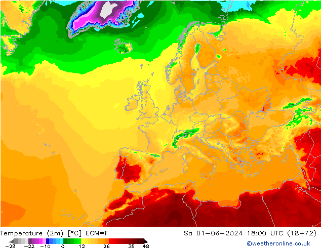 Temperature (2m) ECMWF So 01.06.2024 18 UTC