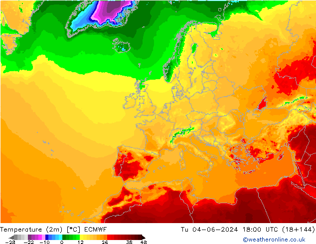 Temperaturkarte (2m) ECMWF Di 04.06.2024 18 UTC