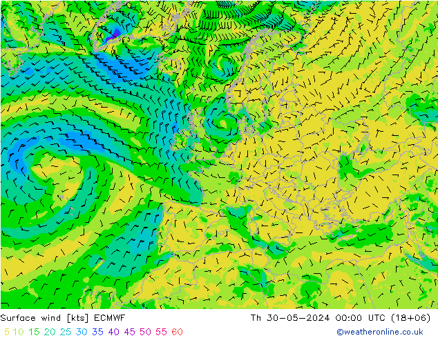 Vento 10 m ECMWF gio 30.05.2024 00 UTC