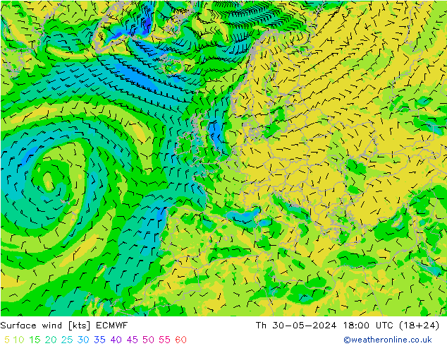 wiatr 10 m ECMWF czw. 30.05.2024 18 UTC