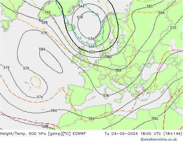 Height/Temp. 500 hPa ECMWF Út 04.06.2024 18 UTC