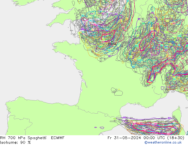 RH 700 hPa Spaghetti ECMWF Pá 31.05.2024 00 UTC