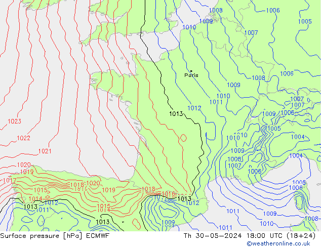 Presión superficial ECMWF jue 30.05.2024 18 UTC