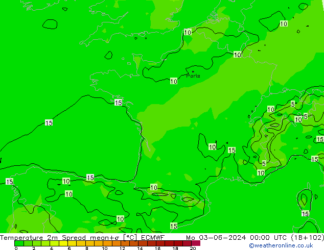 mapa temperatury 2m Spread ECMWF pon. 03.06.2024 00 UTC