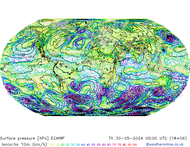 Isotachs (kph) ECMWF Th 30.05.2024 00 UTC
