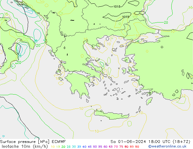 Eşrüzgar Hızları (km/sa) ECMWF Cts 01.06.2024 18 UTC