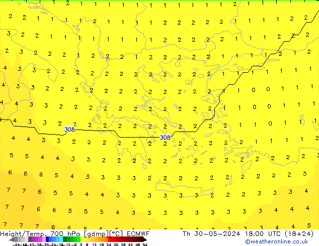 Height/Temp. 700 hPa ECMWF Qui 30.05.2024 18 UTC