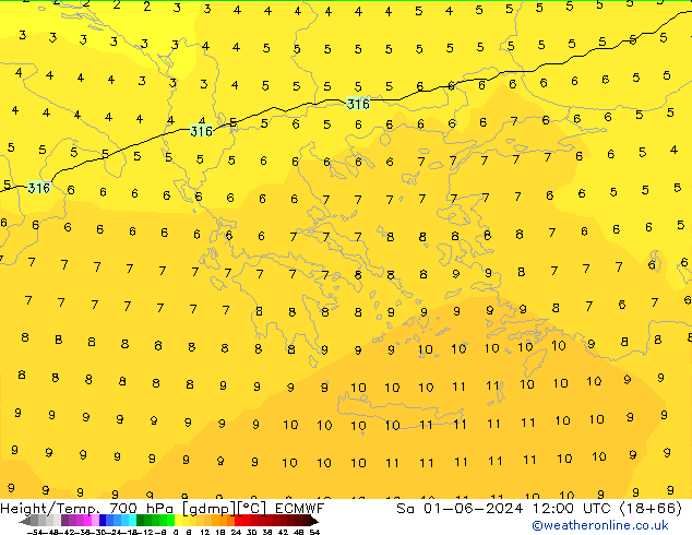 Height/Temp. 700 hPa ECMWF Sa 01.06.2024 12 UTC