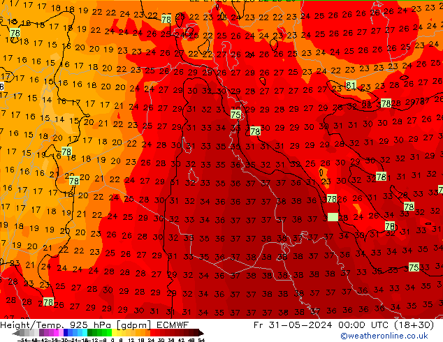 Hoogte/Temp. 925 hPa ECMWF vr 31.05.2024 00 UTC