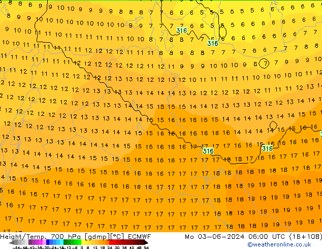 Height/Temp. 700 гПа ECMWF пн 03.06.2024 06 UTC