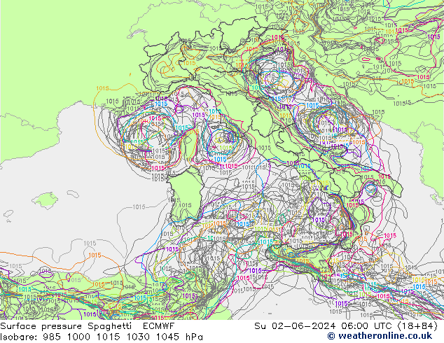 Pressione al suolo Spaghetti ECMWF dom 02.06.2024 06 UTC