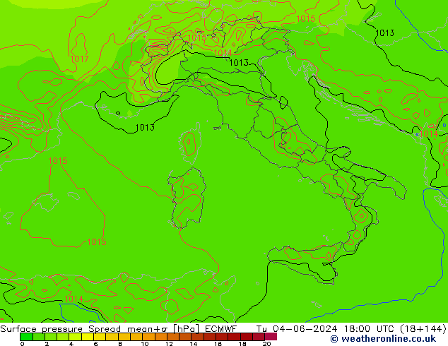 Surface pressure Spread ECMWF Tu 04.06.2024 18 UTC