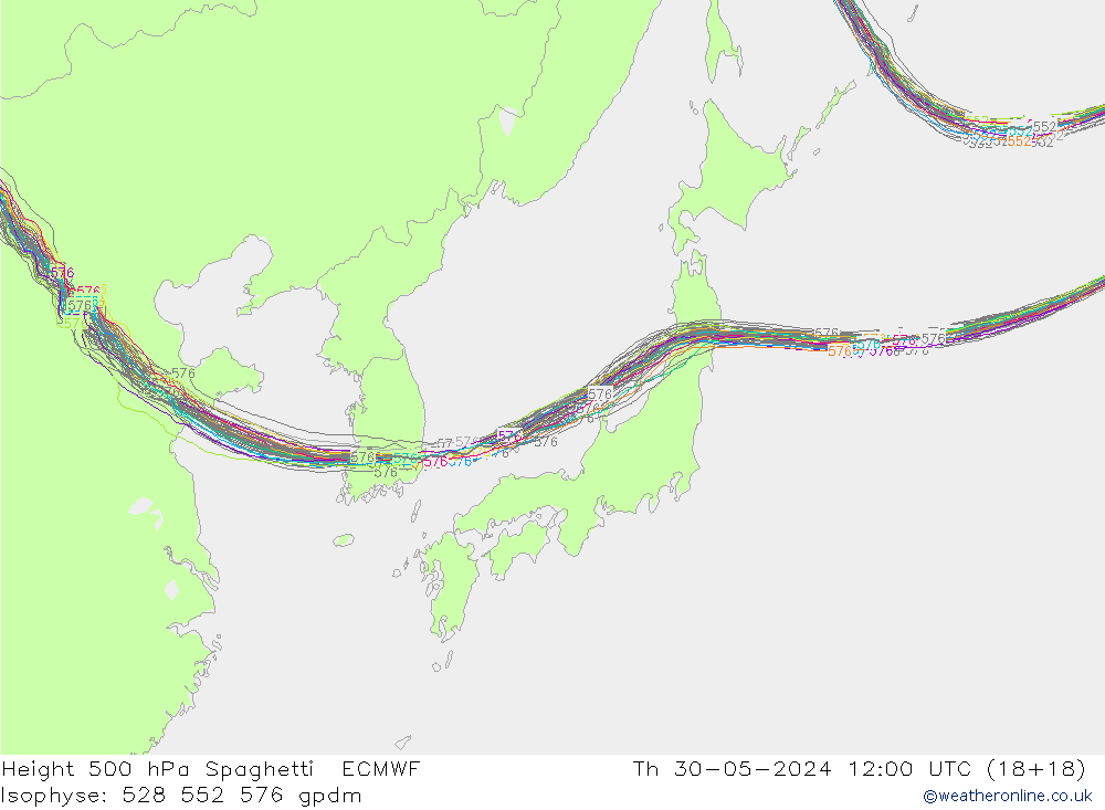 Height 500 hPa Spaghetti ECMWF Th 30.05.2024 12 UTC