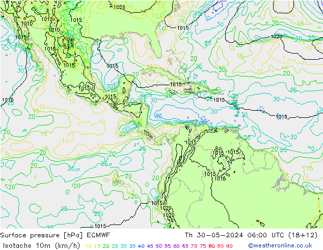 Isotachs (kph) ECMWF Qui 30.05.2024 06 UTC