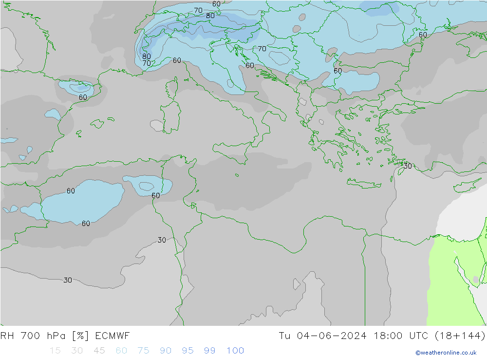 RH 700 hPa ECMWF Tu 04.06.2024 18 UTC