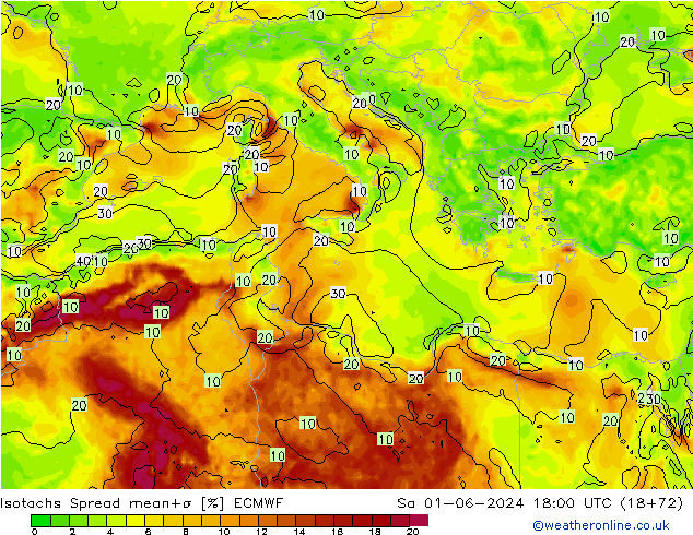 Isotachs Spread ECMWF sam 01.06.2024 18 UTC