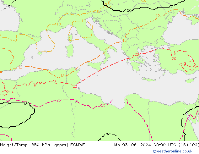Height/Temp. 850 hPa ECMWF Seg 03.06.2024 00 UTC