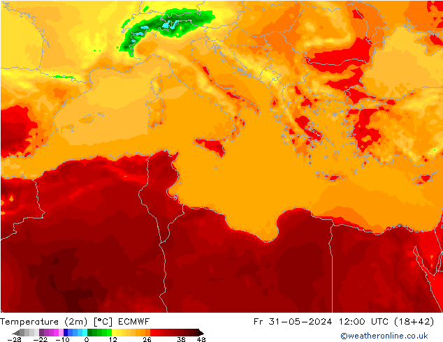 Temperature (2m) ECMWF Fr 31.05.2024 12 UTC