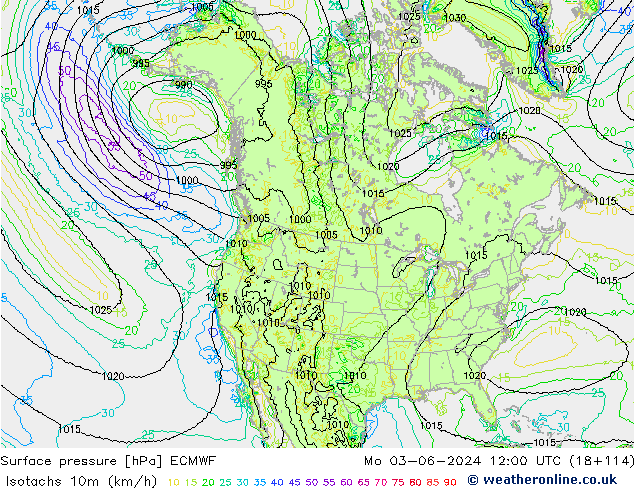 Isotachen (km/h) ECMWF ma 03.06.2024 12 UTC