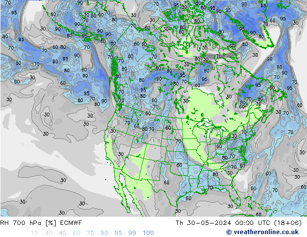 RH 700 hPa ECMWF Qui 30.05.2024 00 UTC