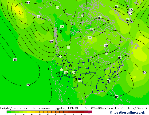 Height/Temp. 925 hPa ECMWF So 02.06.2024 18 UTC