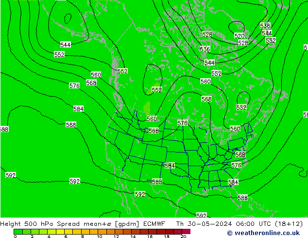 Height 500 hPa Spread ECMWF Th 30.05.2024 06 UTC