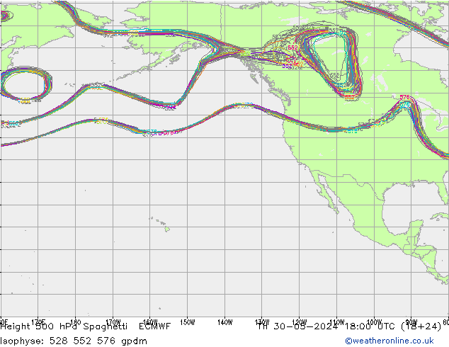 Height 500 hPa Spaghetti ECMWF Th 30.05.2024 18 UTC
