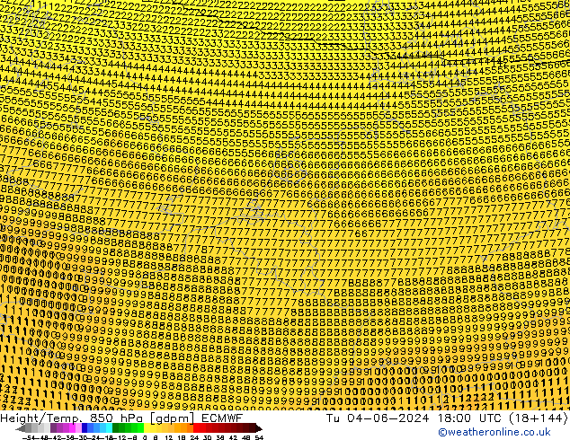 Height/Temp. 850 hPa ECMWF Tu 04.06.2024 18 UTC