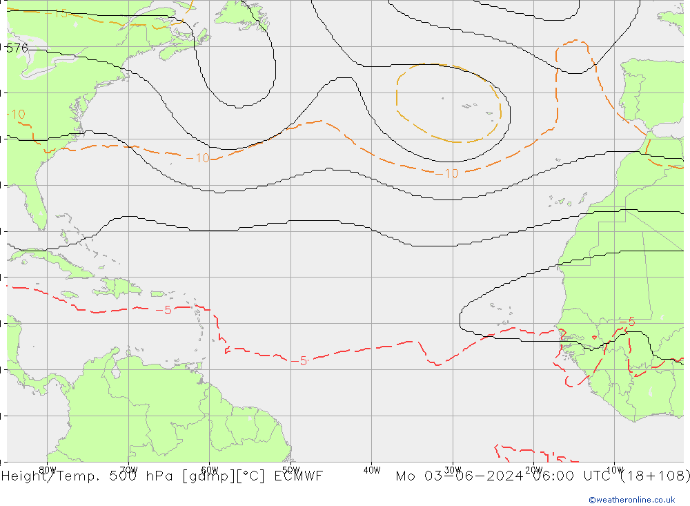 Height/Temp. 500 hPa ECMWF pon. 03.06.2024 06 UTC