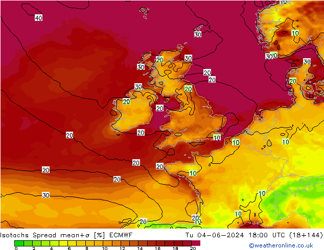 Eşrüzgar Hızları Spread ECMWF Sa 04.06.2024 18 UTC