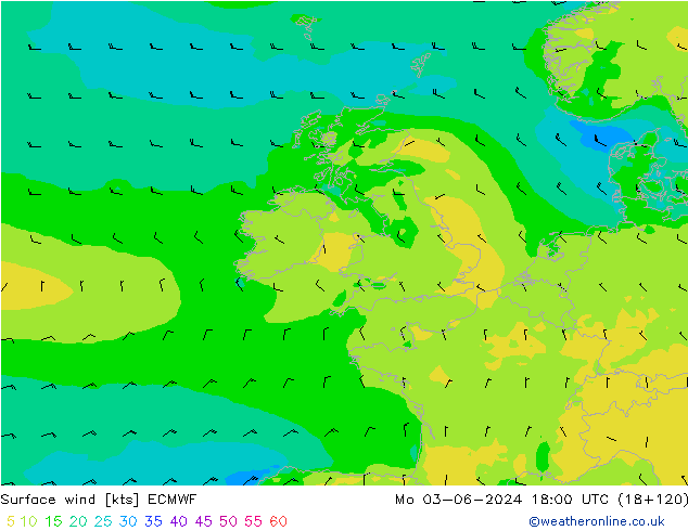 Surface wind ECMWF Mo 03.06.2024 18 UTC